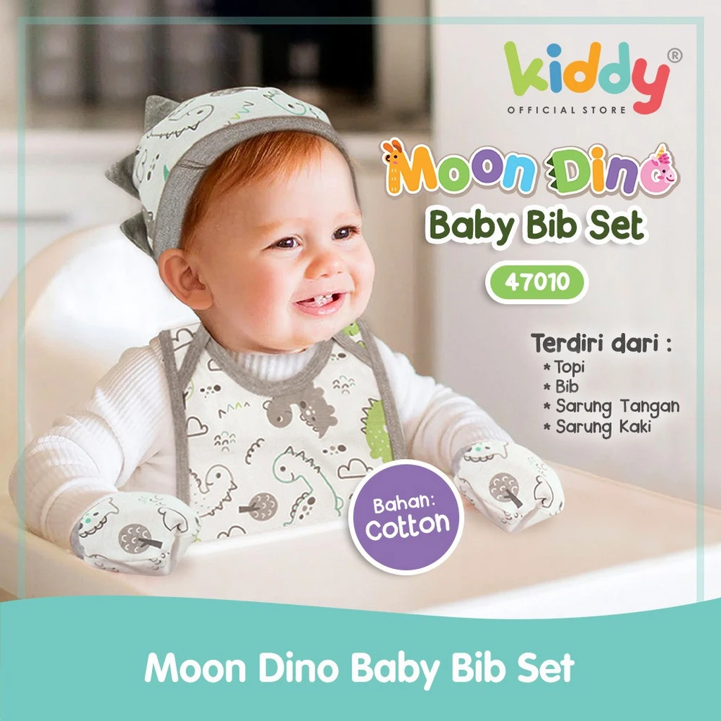 Kiddy Baby Bib Set / Celemek Bayi / Slabber With Hat & Mittens/Moon Dino